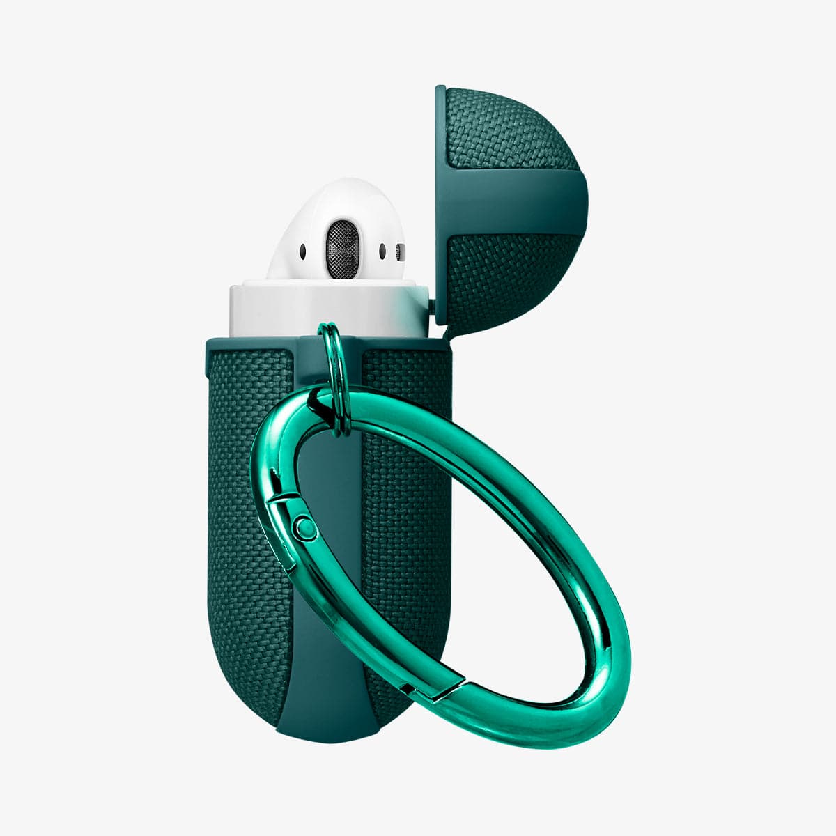 ASD00678 - Apple AirPods 1 / 2 Case Urban Fit in midnight green showing the side, carabiner and top open with AirPods inside