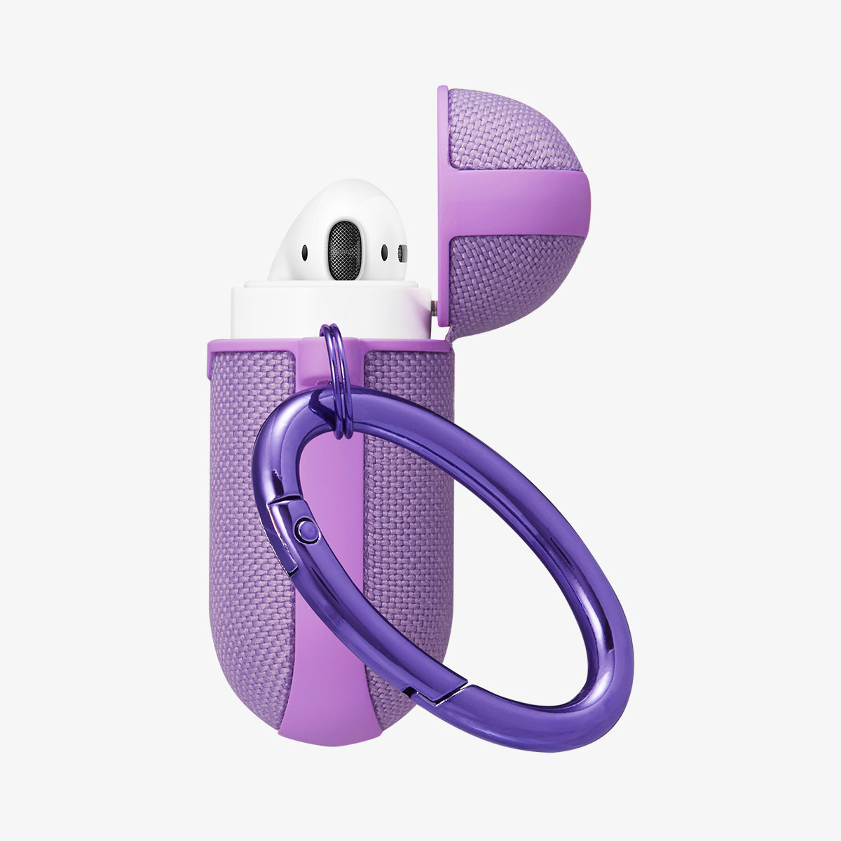 074CS27599 - Apple AirPods 1 / 2 Case Urban Fit in purple showing the side, carabiner and top open with AirPods inside