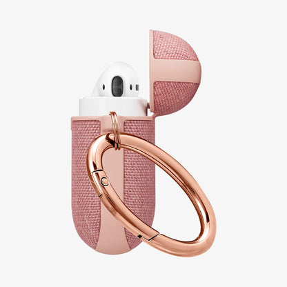 074CS27598 - Apple AirPods 1 / 2 Case Urban Fit in rose gold showing the side, carabiner and top open with AirPods inside