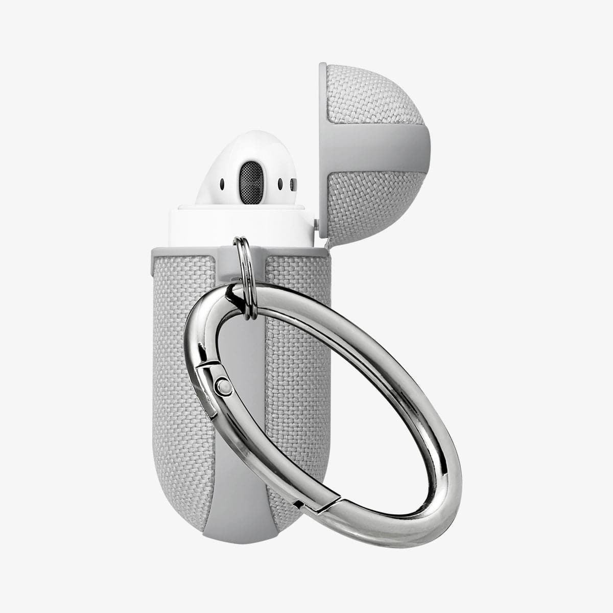 074CS27031 - Apple AirPods 1 / 2 Case Urban Fit in gray showing the side, carabiner and top open with AirPods inside