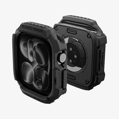 ACS11886 - Apple Watch Series 12 (46mm) Case Rugged Armor in Matte Black showing front and back angled views highlighting the protective frame, button coverage, and open sensor area