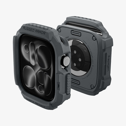 ACS11887 - Apple Watch Series 12 (46mm) Case Rugged Armor in Dark Gray showing front and back angled views highlighting the protective frame, button coverage, and open sensor area