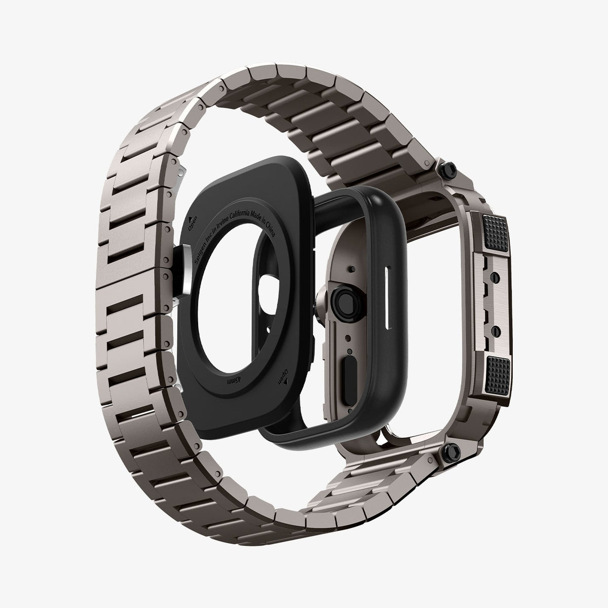 ACS07660 - Apple Watch (45mm) Case Metal Armor Pro in Gunmetal showing the back, apple watch head detached from the case hovering under the case