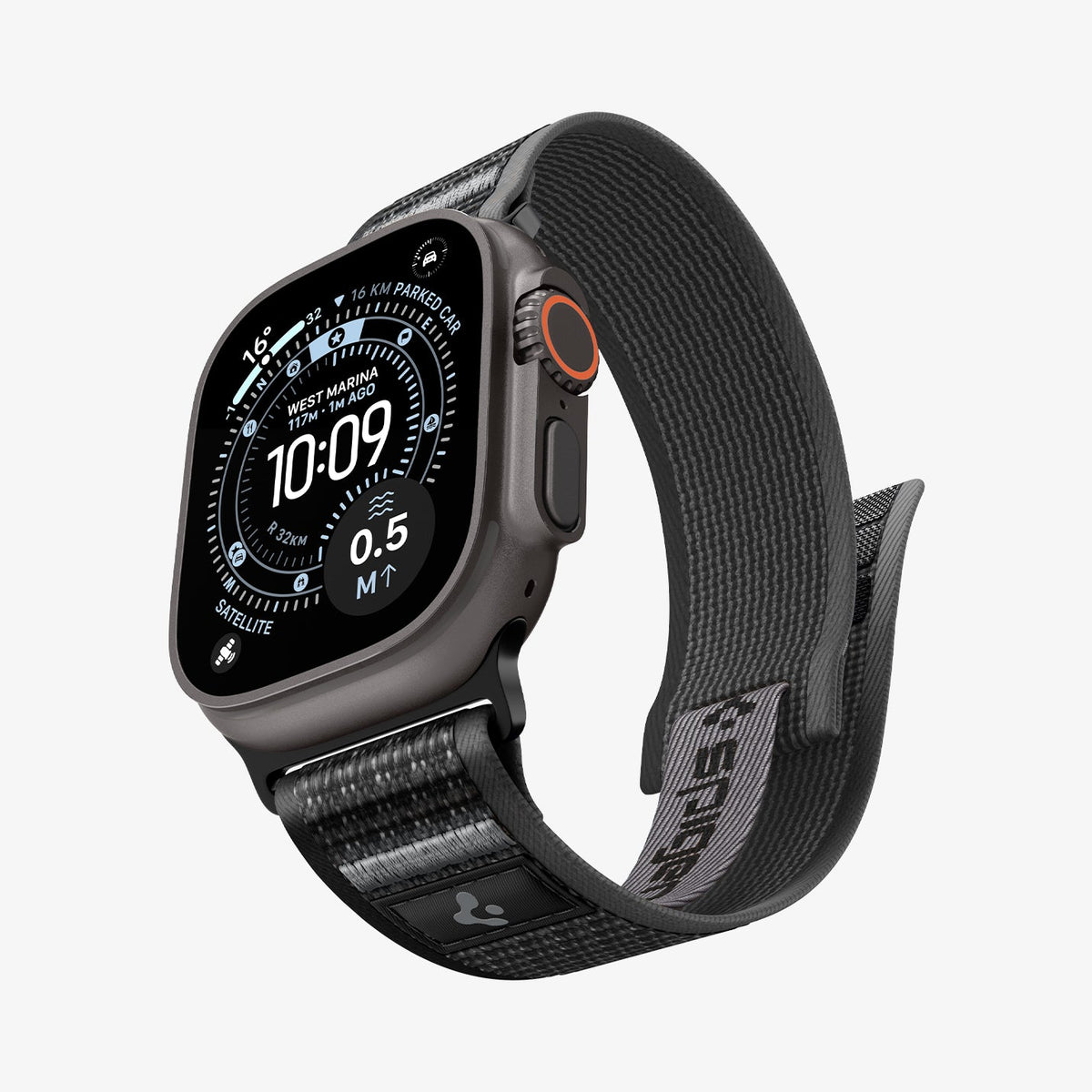 AMP11113 - Apple Watch Ultra Athlex Air 2 band black gray showing side angled view with Apple Watch Ultra attached highlighting textured woven strap inner lining and adjustable hook and loop closure
