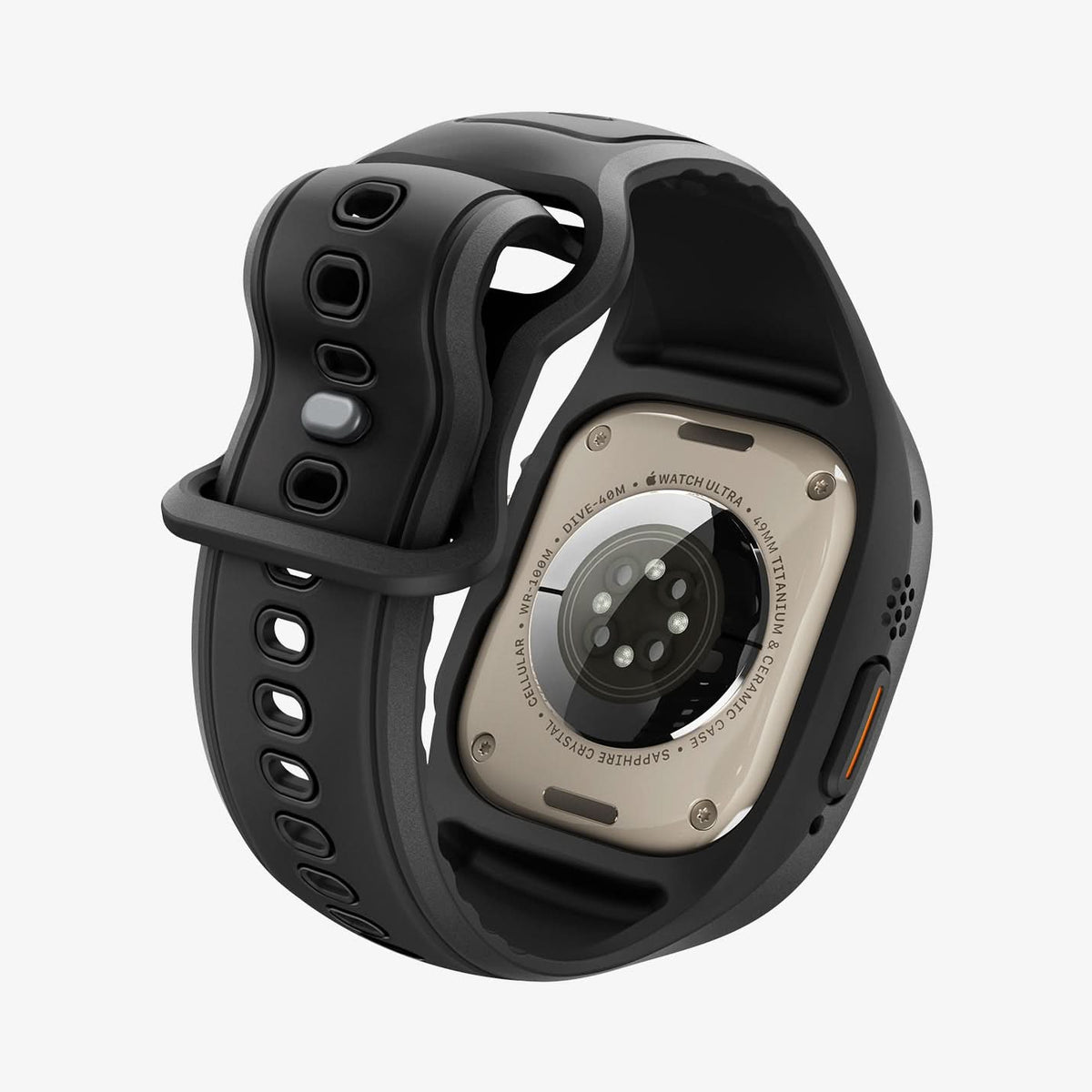 ACS05463 - Apple Watch Ultra Series (49mm) Case Liquid Air Pro in black showing the back, partial inner and bottom strap slightly curled