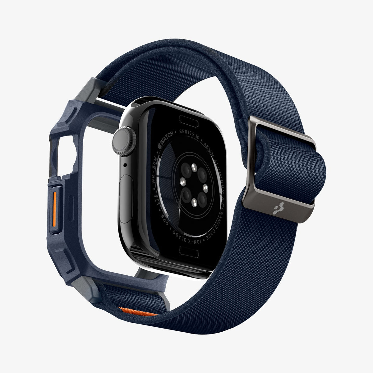 ACS08925 - Apple Watch 10 (46mm) Case Lite Fit Pro in Navy Blue showing the back of the watch face hovering under the watch case showing inner side and bottom back