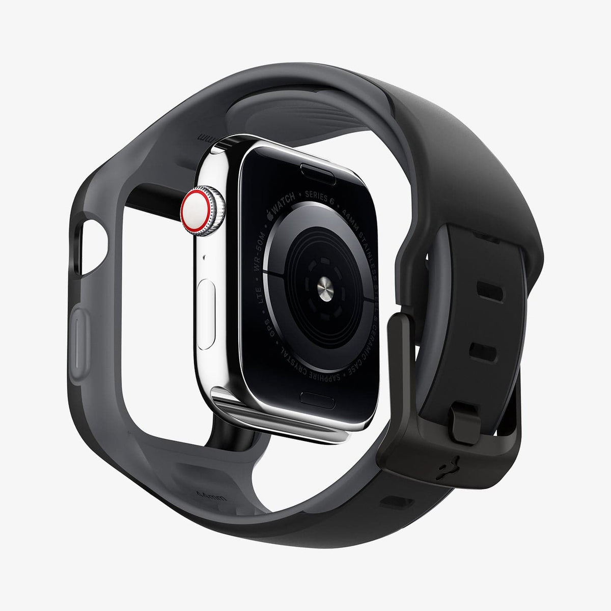 AMP02020 - Apple Watch (40mm) Liquid Air Pro in Black showing the detached back of the watch face hovering under the watch band case showing side, partial inner and bottom