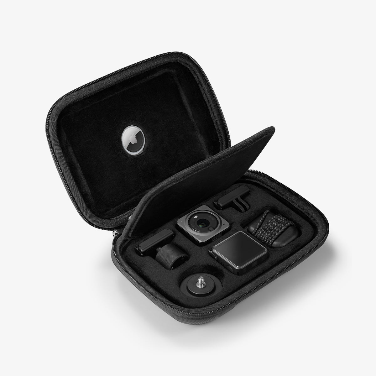 AFA04310 - DJI Action 2 Case Rugged Armor Pro Pouch in black showing the inside with airtag slot and multiple slots to place your DJI securely
