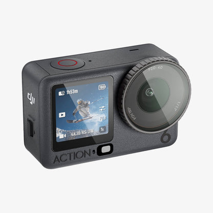 AGL11837 - DJI Osmo Action 6 GLAS.tR SLIM showing an angled front view of an action camera with screen and lens protectors applied