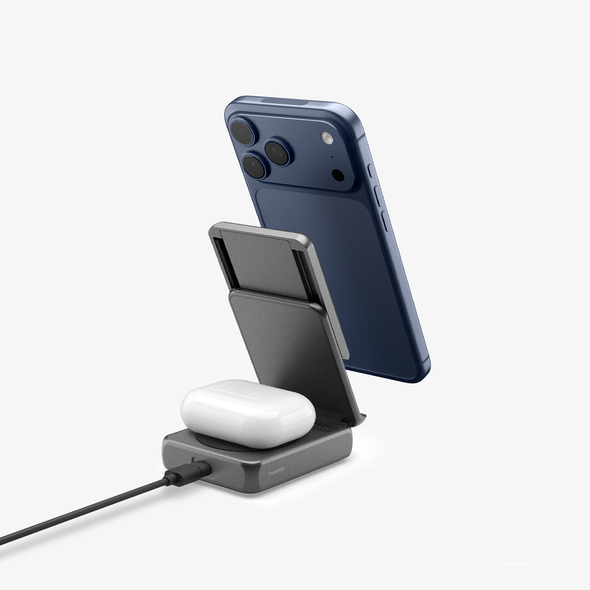 ACH10399 - 2-in-1 Magnetic Wireless Charger | EF302MOQ (Mag Fit) in Black showing charging phone and airpods
