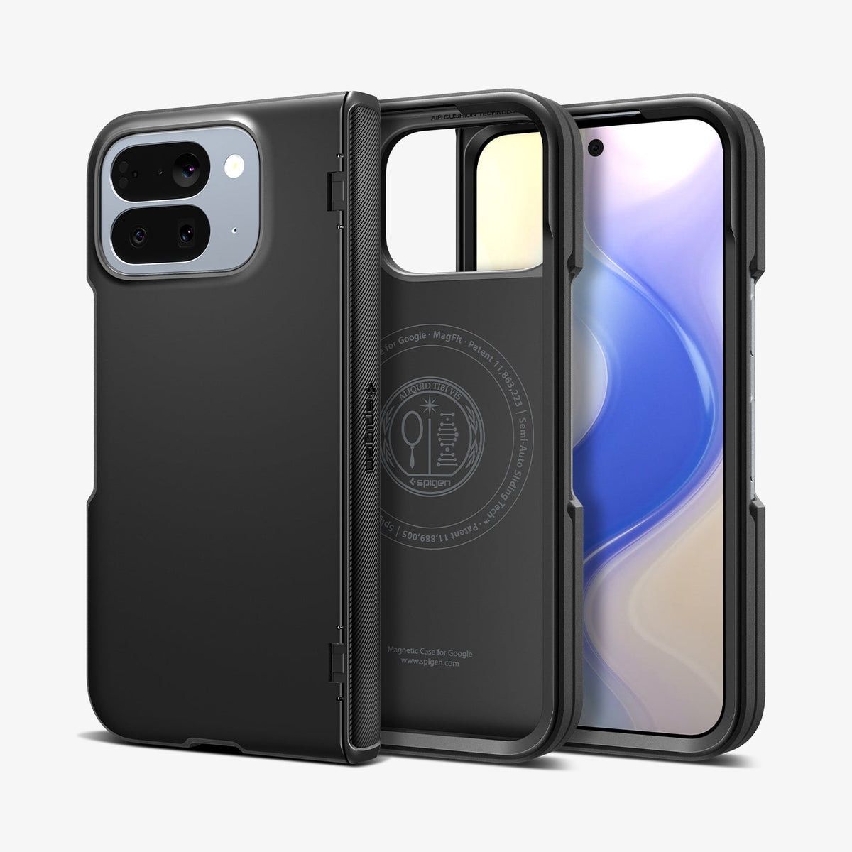 ACS09741 - Pixel 10 Pro Fold Case Slim Armor Pro (MagFit) in black showing the back, inside and front