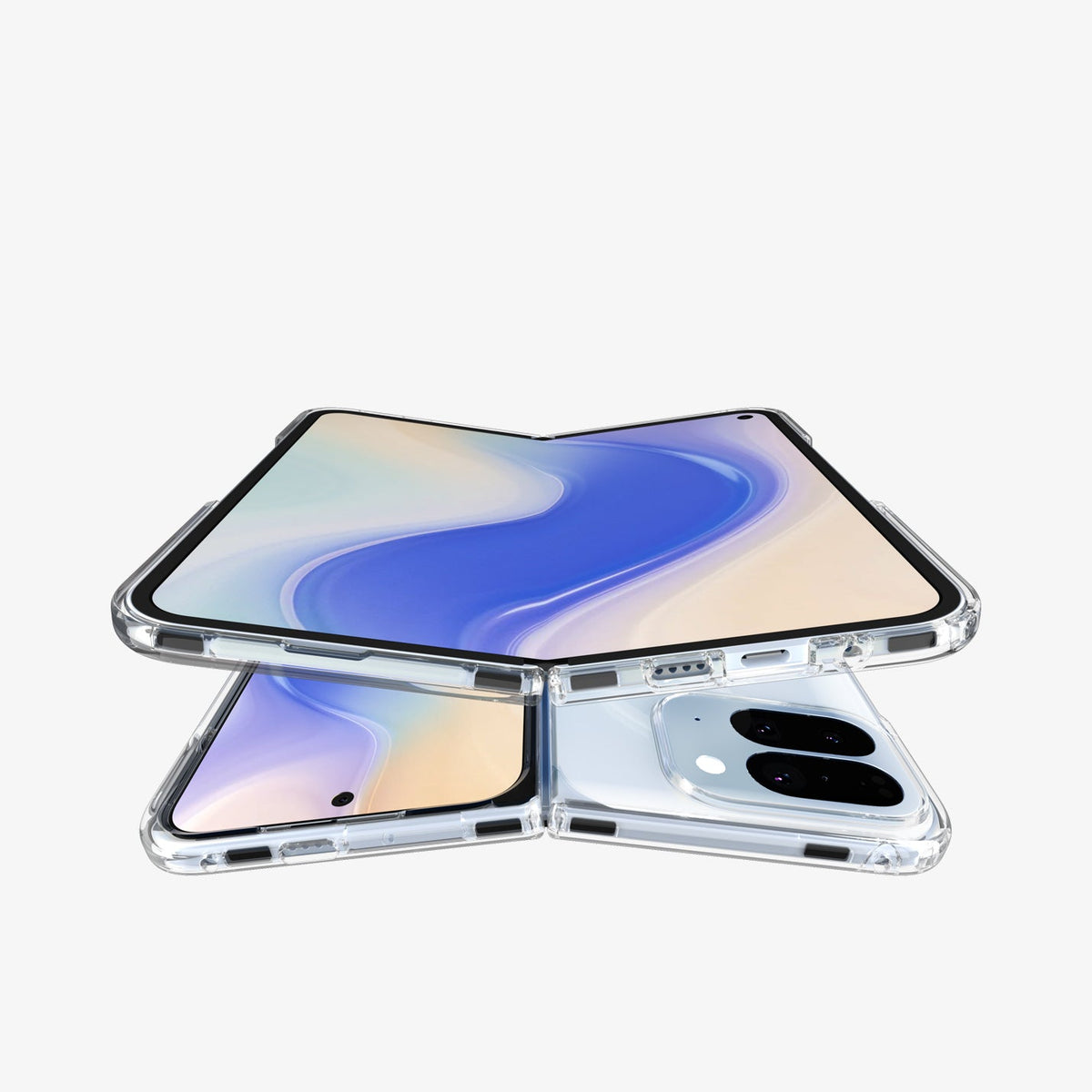 ACS09742 - Pixel 10 Pro Fold Case Ultra Hybrid Metal Ring (MagFit) in crystal clear showing the front, back and top of two devices
