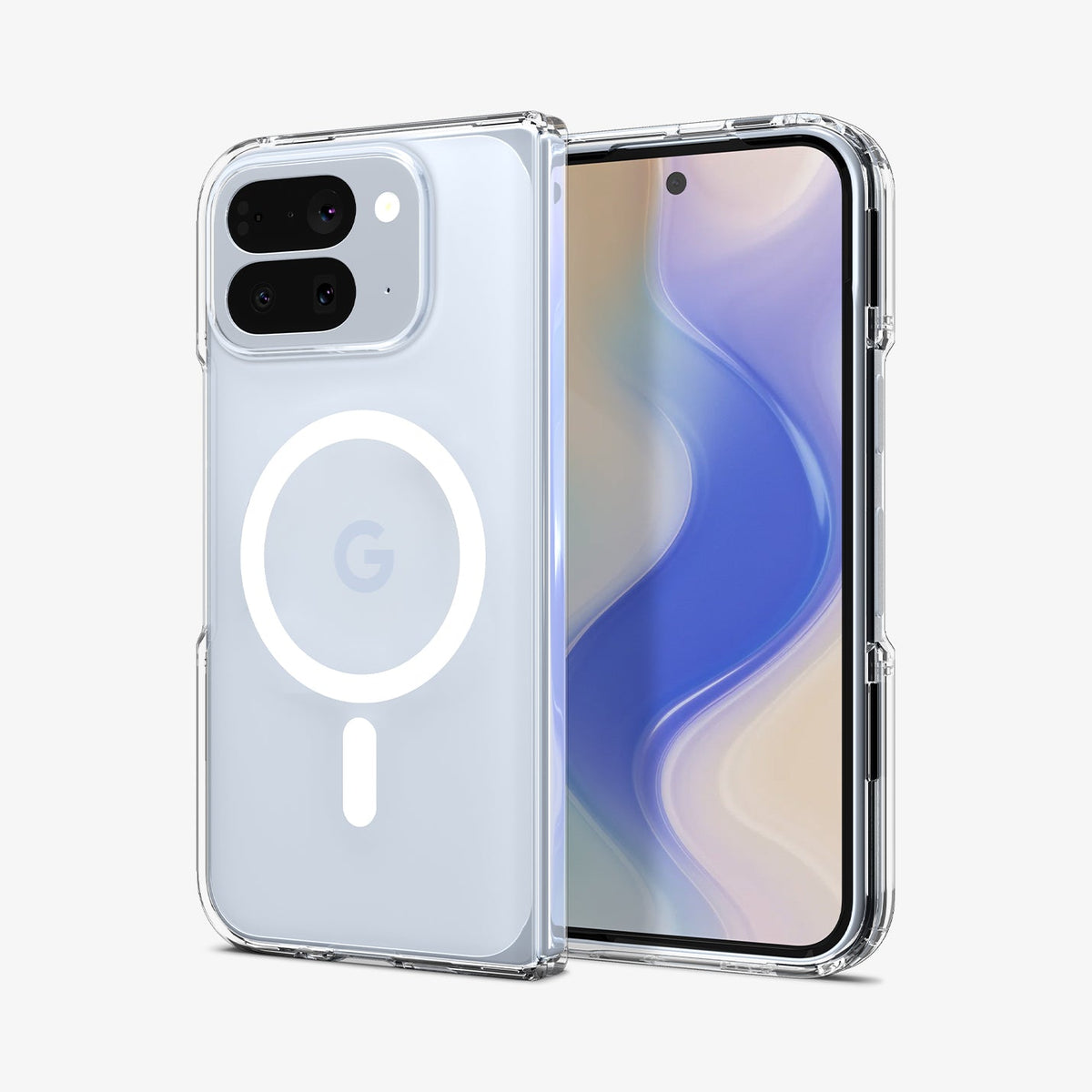 ACS09742 - Pixel 10 Pro Fold Case Ultra Hybrid Metal Ring (MagFit) in crystal clear showing the back and front
