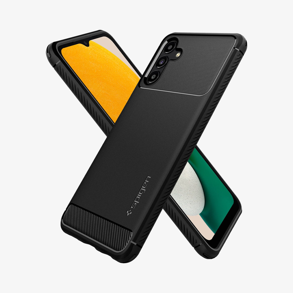 ACS04022 - Galaxy A13 5G Case Rugged Armor in Matte Black showing the back, partial side behind it is another device showing front and partial side