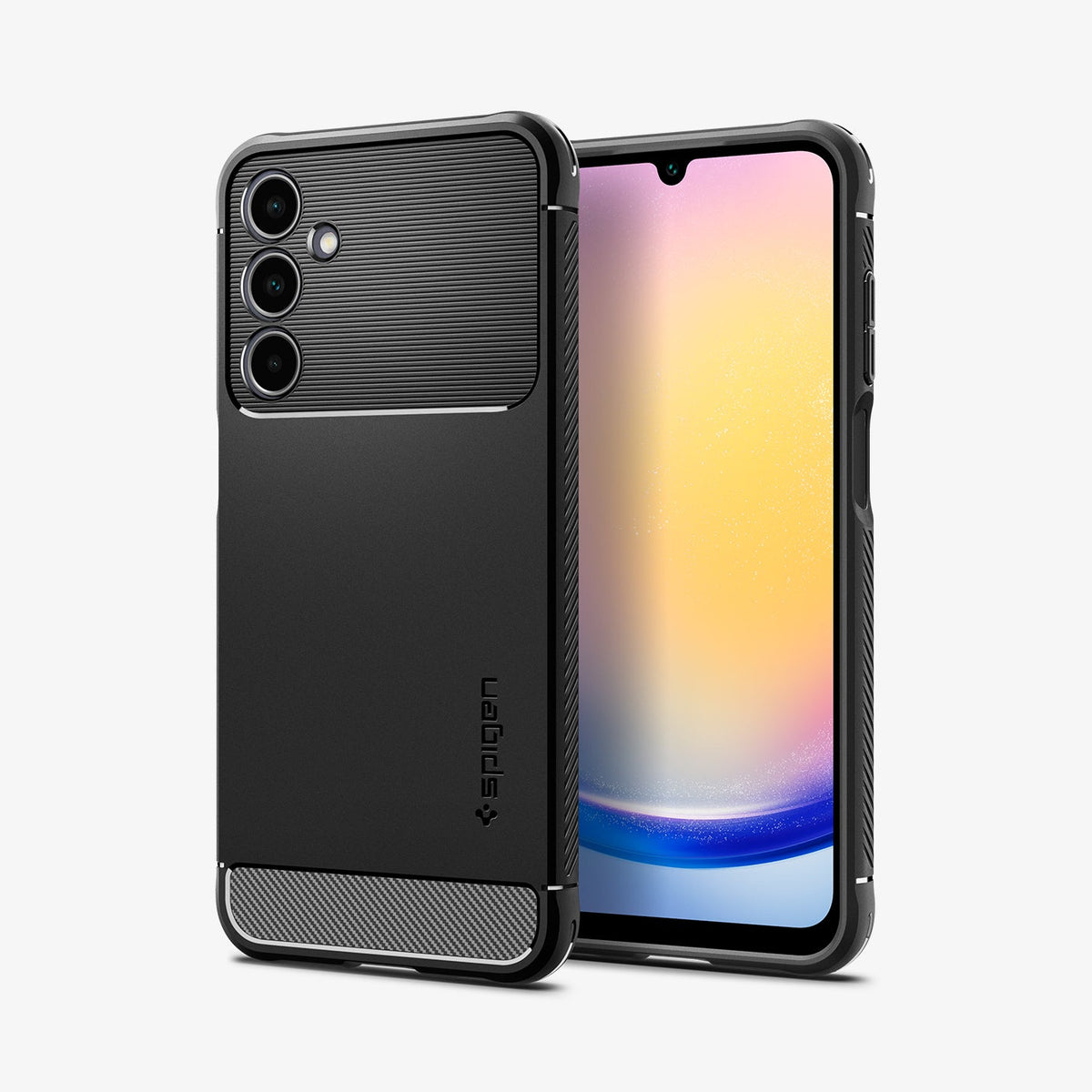 ACS06831 - Galaxy A25 5G Case Rugged Armor in Matte Black showing the back, next to it is another device showing front