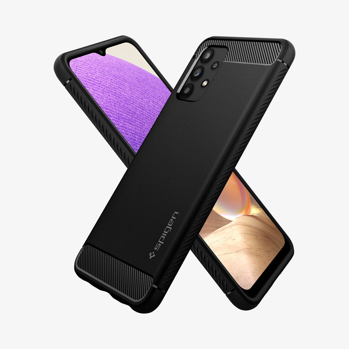 ACS03046 - Galaxy A32 5G Case Rugged Armor in Matte Black showing the back, partial side behind it is another device showing front and partial side