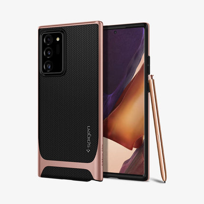 ACS01575 - Galaxy Note 20 Ultra Neo Hybrid Case in bronze showing the back and front with s pen leaning against the device