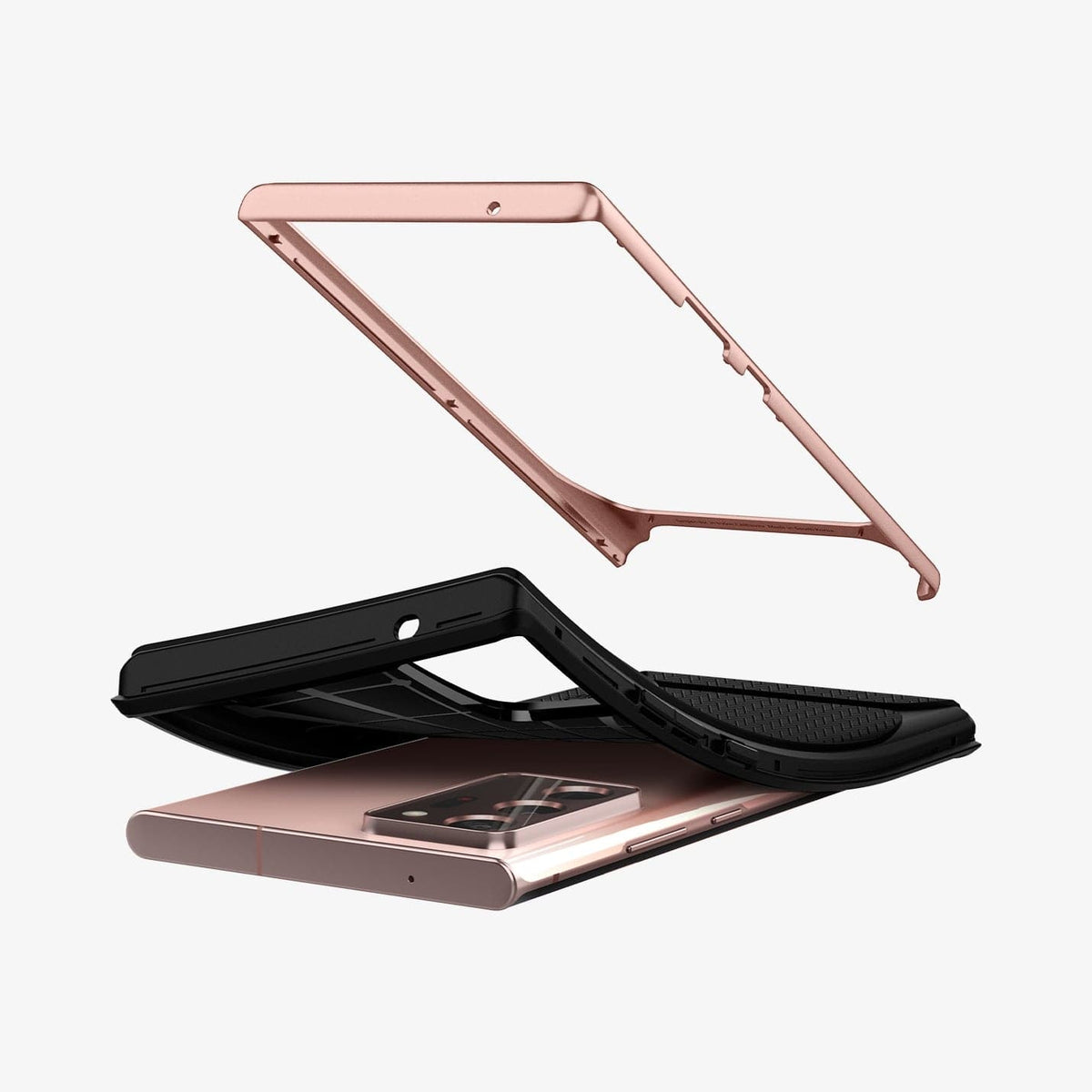 ACS01575 - Galaxy Note 20 Ultra Neo Hybrid Case in bronze showing the hard layer of case hovering above the device and soft layer