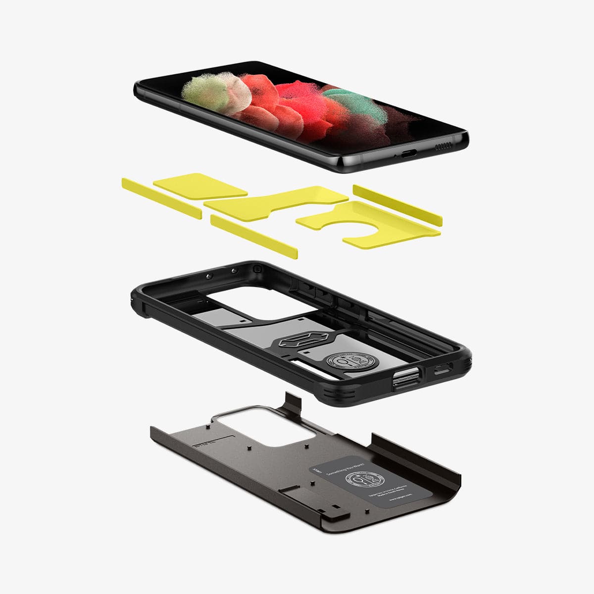 ACS02355 - Galaxy S21 Ultra Tough Armor Case in gunmetal showing the hard pc, soft tpu, impact foam and device