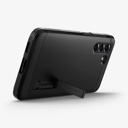ACS03059 - Galaxy S21 FE Tough Armor Case in black showing the back with device propped up by built in kickstand