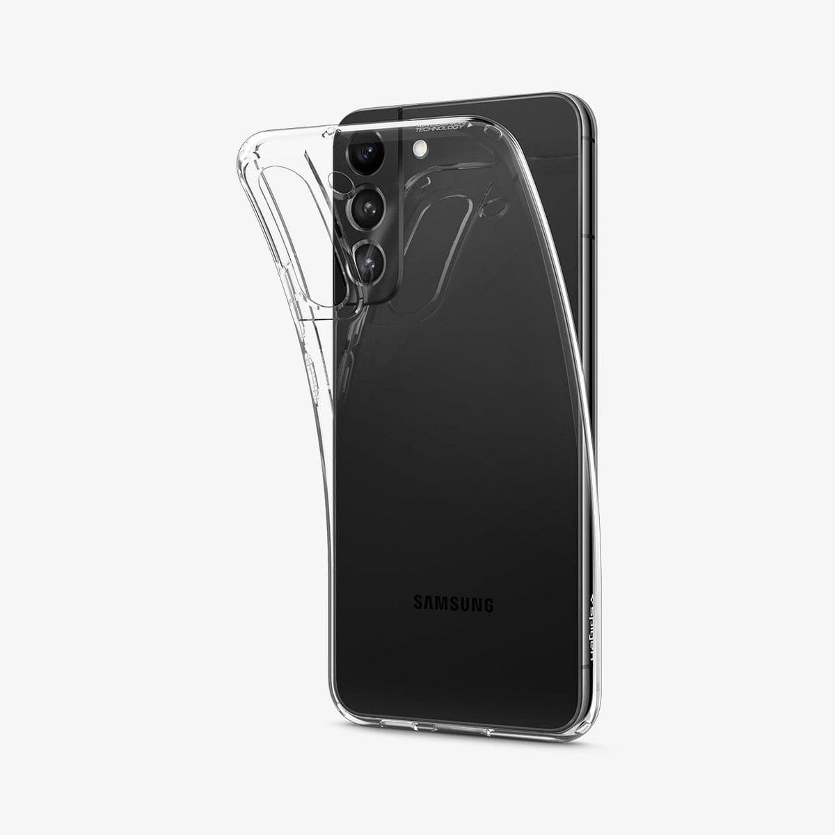 ACS03984 - Galaxy S22 5G Case Liquid Crystal in crystal clear showing the back with case bending away from device to show the flexibility