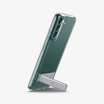 ACS03979 - Galaxy S22 Plus 5G Case Slim Armor Essential S in crystal clear showing the device propped up by built in kickstand