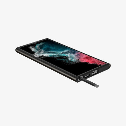 ACS03926 - Galaxy S22 Ultra 5G Case Neo Hybrid in gunmetal showing the front, side and bottom with s pen sticking out of slot
