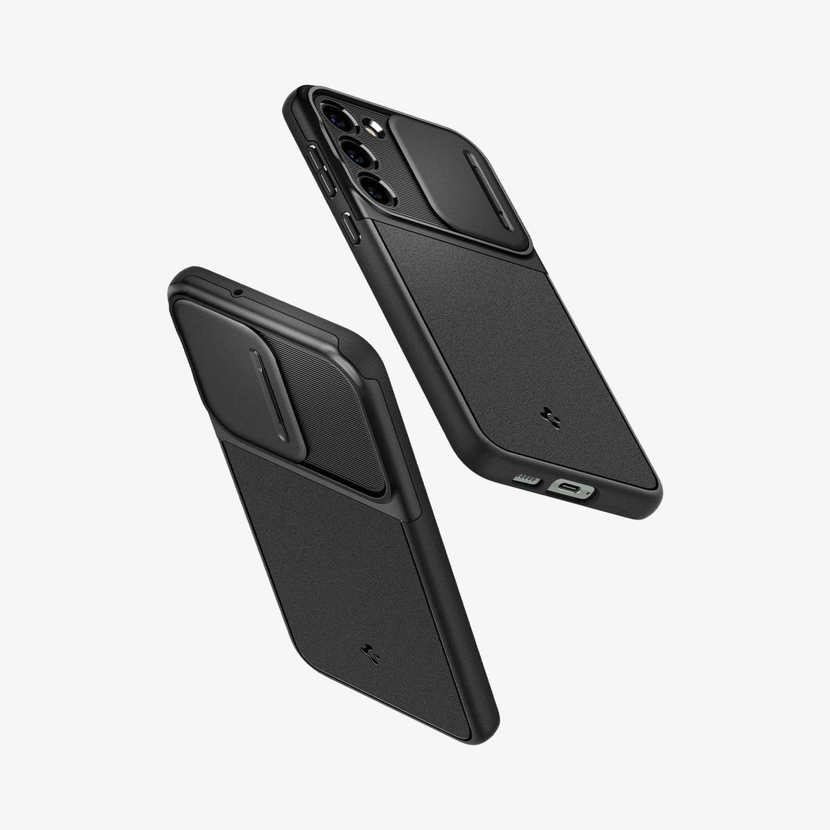ACS05687 - Galaxy S23 Plus Case Optik Armor in black showing the back, sides and bottom of multiple devices