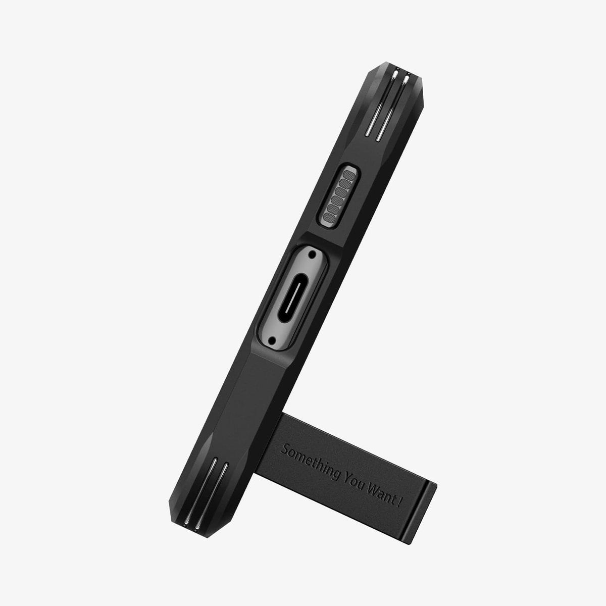 ACS05718 - Galaxy S23 Case Tough Armor in black showing the bottom with device propped up by built in kickstand