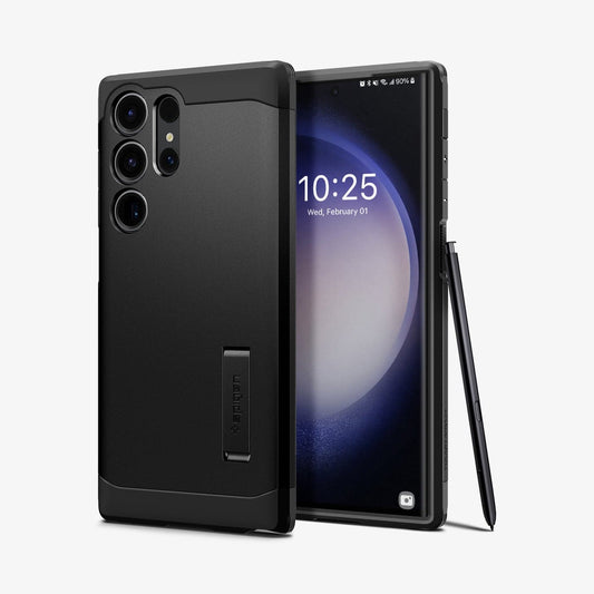 ACS05623 - Galaxy S23 Ultra Case Tough Armor in black showing the back and front with s pen leaning against device