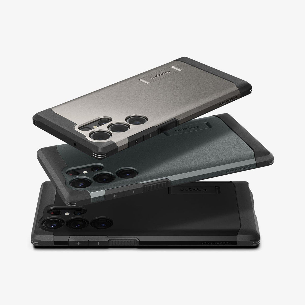 ACS05625 - Galaxy S23 Ultra Case Tough Armor in abyss green showing the back and side of multiple devices in different color variations