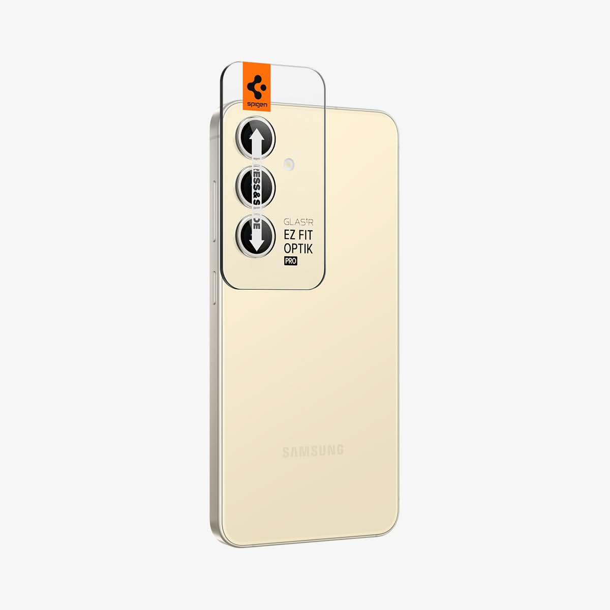AGL07444 - Galaxy S24 Optik Pro EZ Fit Lens Protector in Yellow showing the camera lens tray protector attached to the device