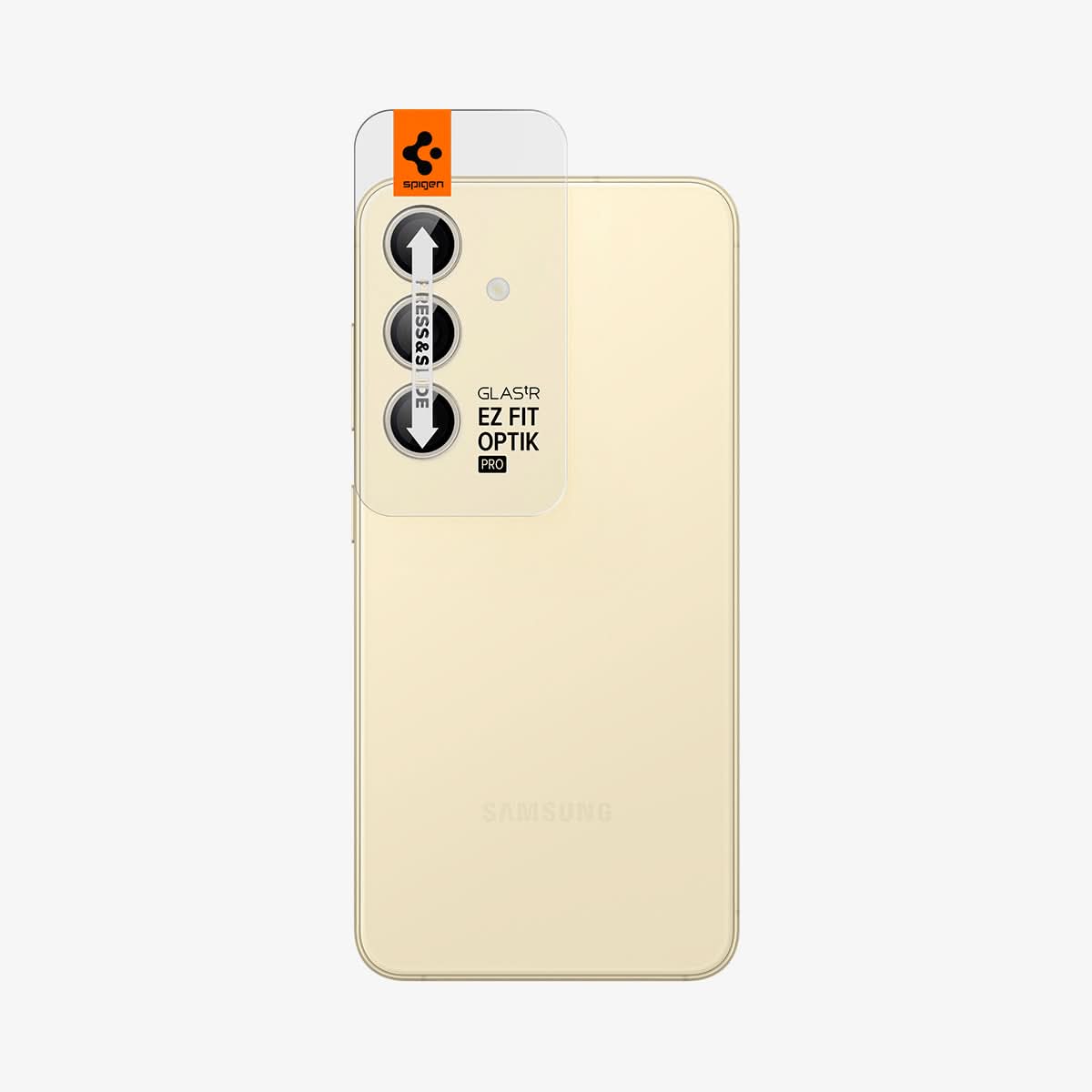 AGL07444 - Galaxy S24 Optik Pro EZ Fit Lens Protector in Yellow showing the back with camera lens tray protector attached to the device