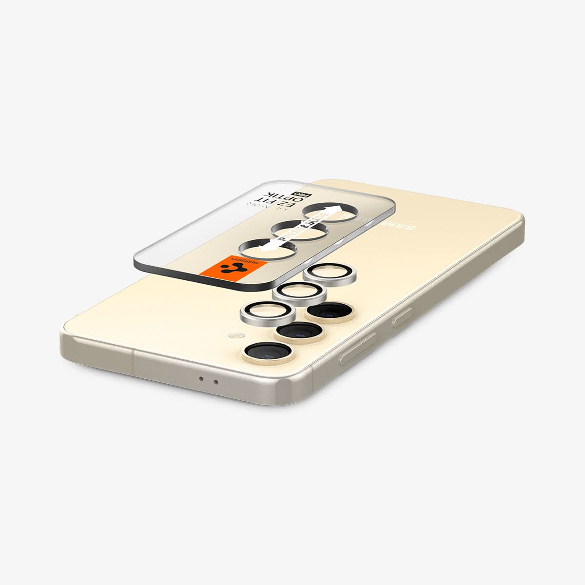 AGL07444 - Galaxy S24 Optik Pro EZ Fit Lens Protector in Yellow showing the camera lens tray hovering above the detached camera lens protector and the device