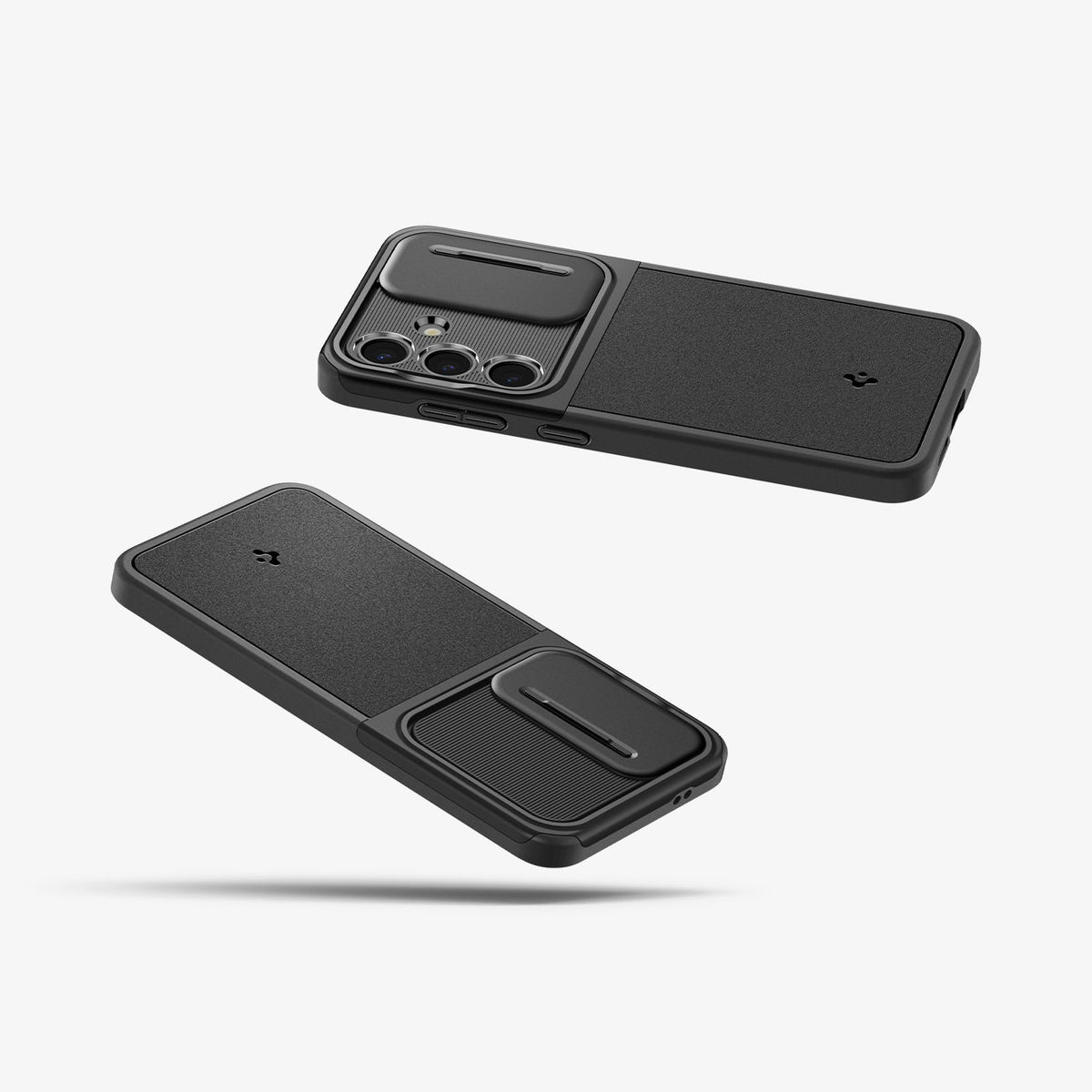 ACS07363 - Galaxy S24 Case Optik Armor in Black showing the back, partial side with camera lens cover slide open while the other showing back, partial side with the lens camera closed