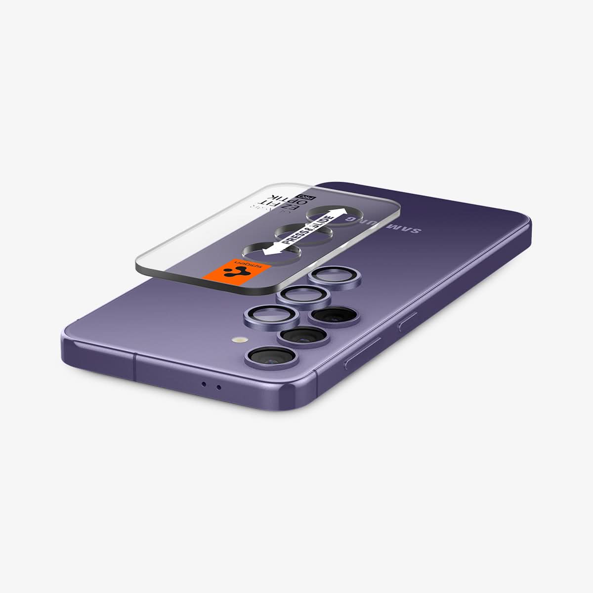AGL07435 - Galaxy S24 Plus Optik Pro EZ Fit Lens Protector in Violet showing the camera lens tray hovering above the detached camera lens protector and the device