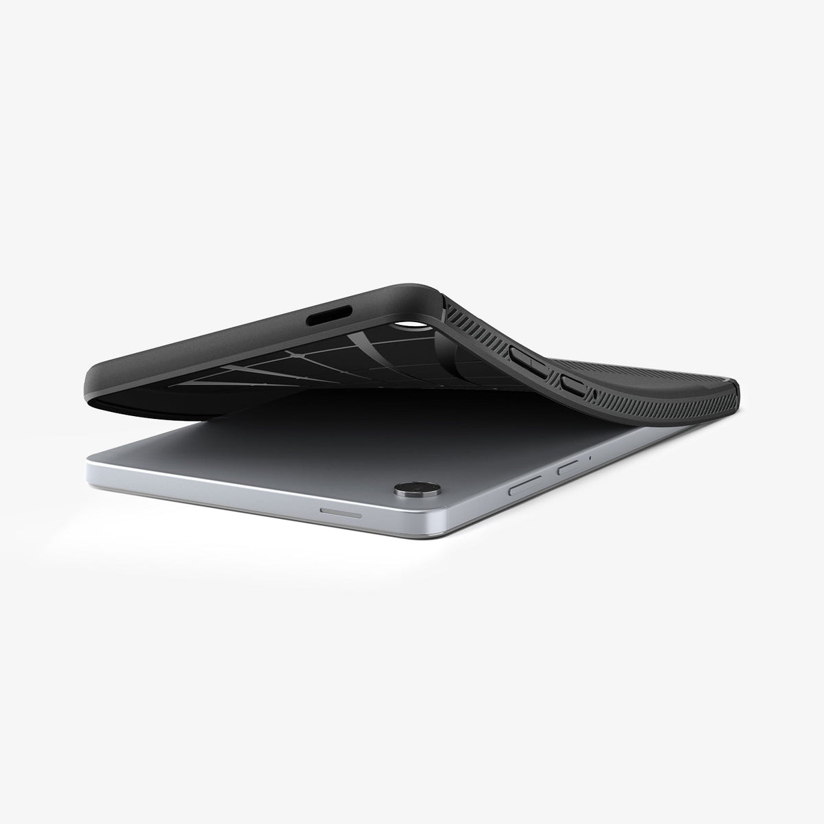 ACS10462 - Galaxy Tab A11 Rugged Armor in Matte Black showing the device laying flat and case bending away from device to show the flexibility