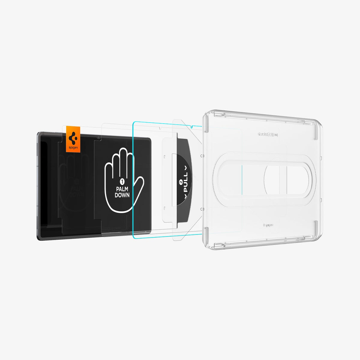 AGL10200 - Galaxy Tab S12 Ultra EZ FIT GLAS.tR Pro showing an exploded view of the screen protector, installation layers, pull tab, and alignment tray.