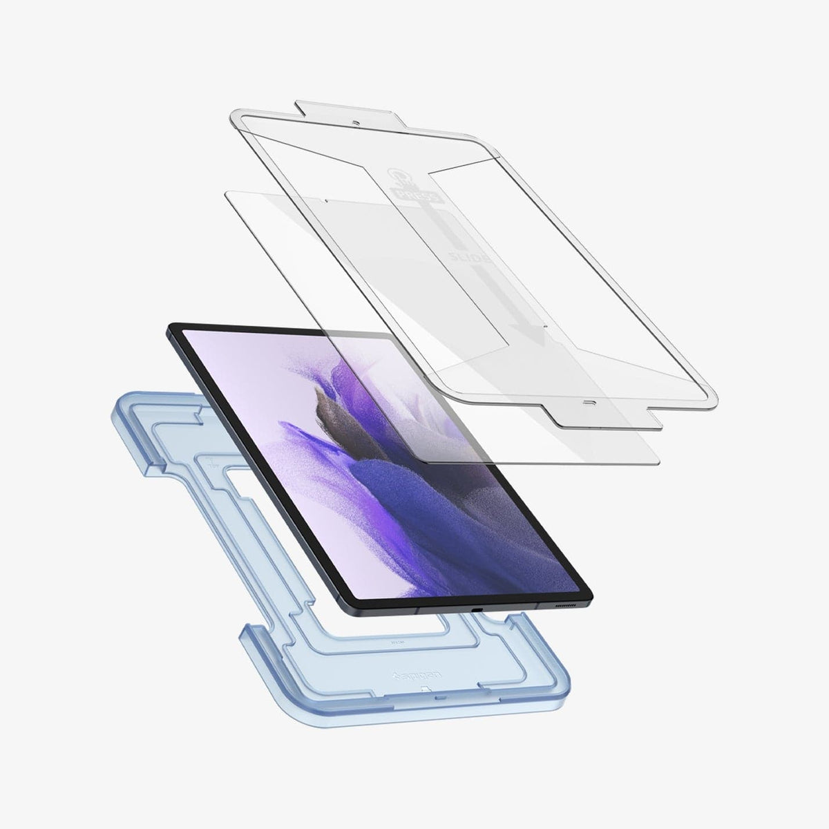 AGL03013 - Galaxy Tab S7 FE Screen Protector EZ Fit GLAS.tR showing the ez fit tray and screen protector hovering in front of the device