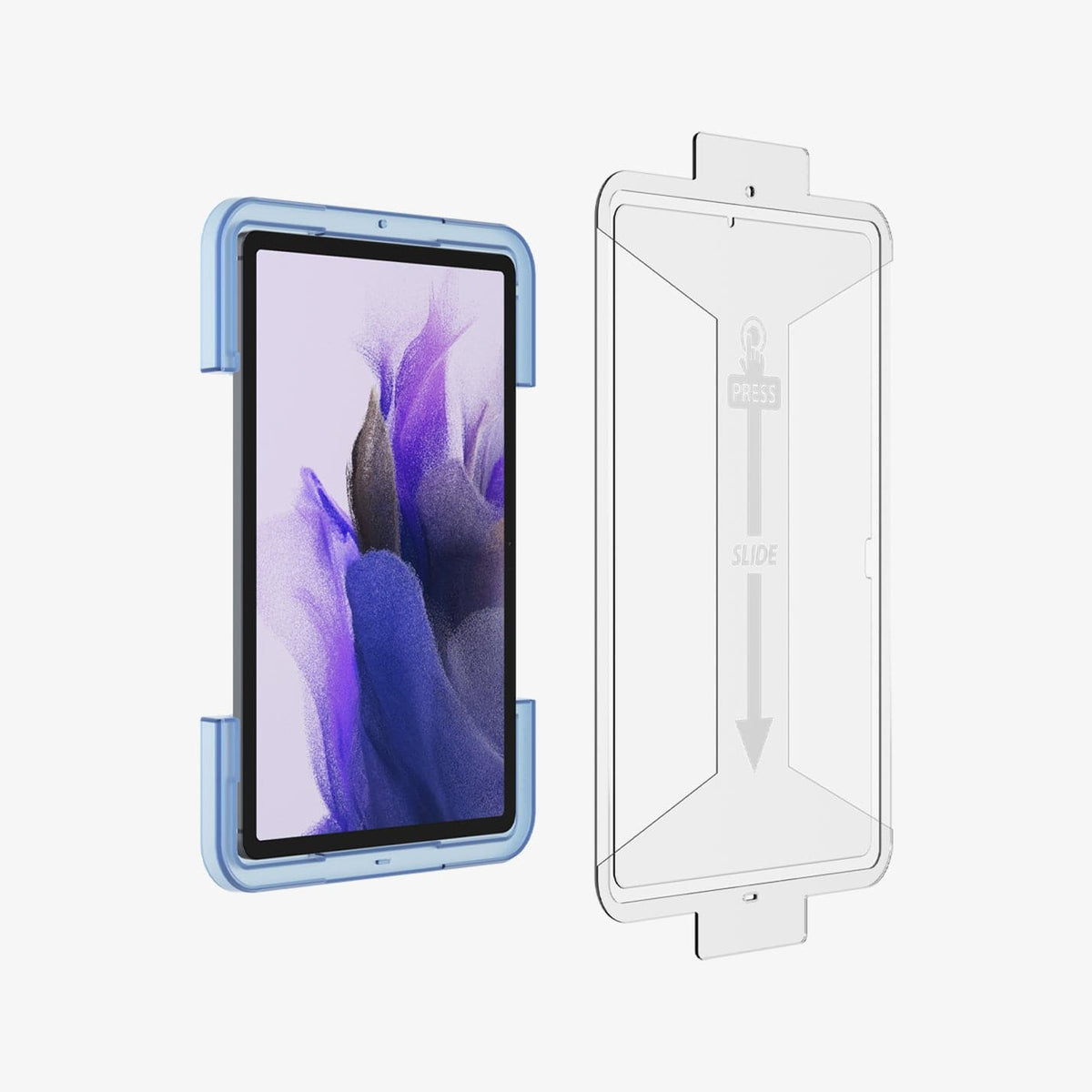 AGL03013 - Galaxy Tab S7 FE Screen Protector EZ Fit GLAS.tR showing the ez fit tray hovering in front of device