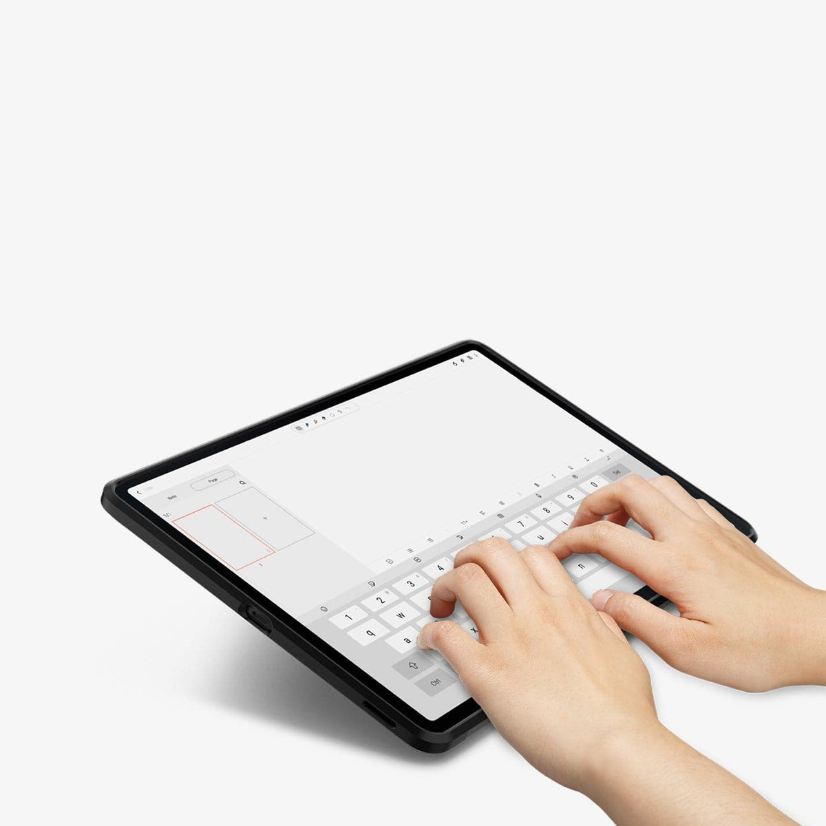 ACS03008 - Galaxy Tab S7 FE Case Tough Armor Pro in gunmetal showing hands typing on screen with device propped up by built in kickstand