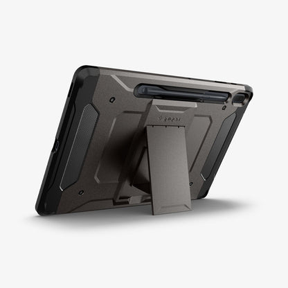 ACS03008 - Galaxy Tab S7 FE Case Tough Armor Pro in gunmetal showing the back with device propped up by built in kickstand