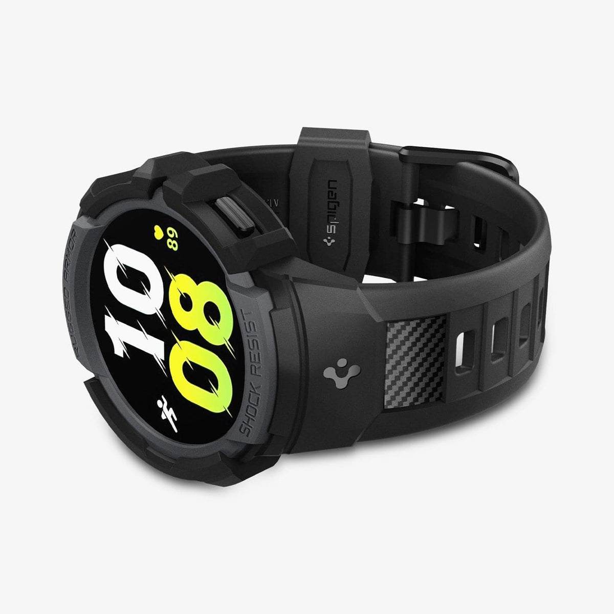 ACS03164 - Galaxy Watch 5/4 (44mm) Case Rugged Armor Pro in charcoal gray showing the front and bottom with watch laid on its side