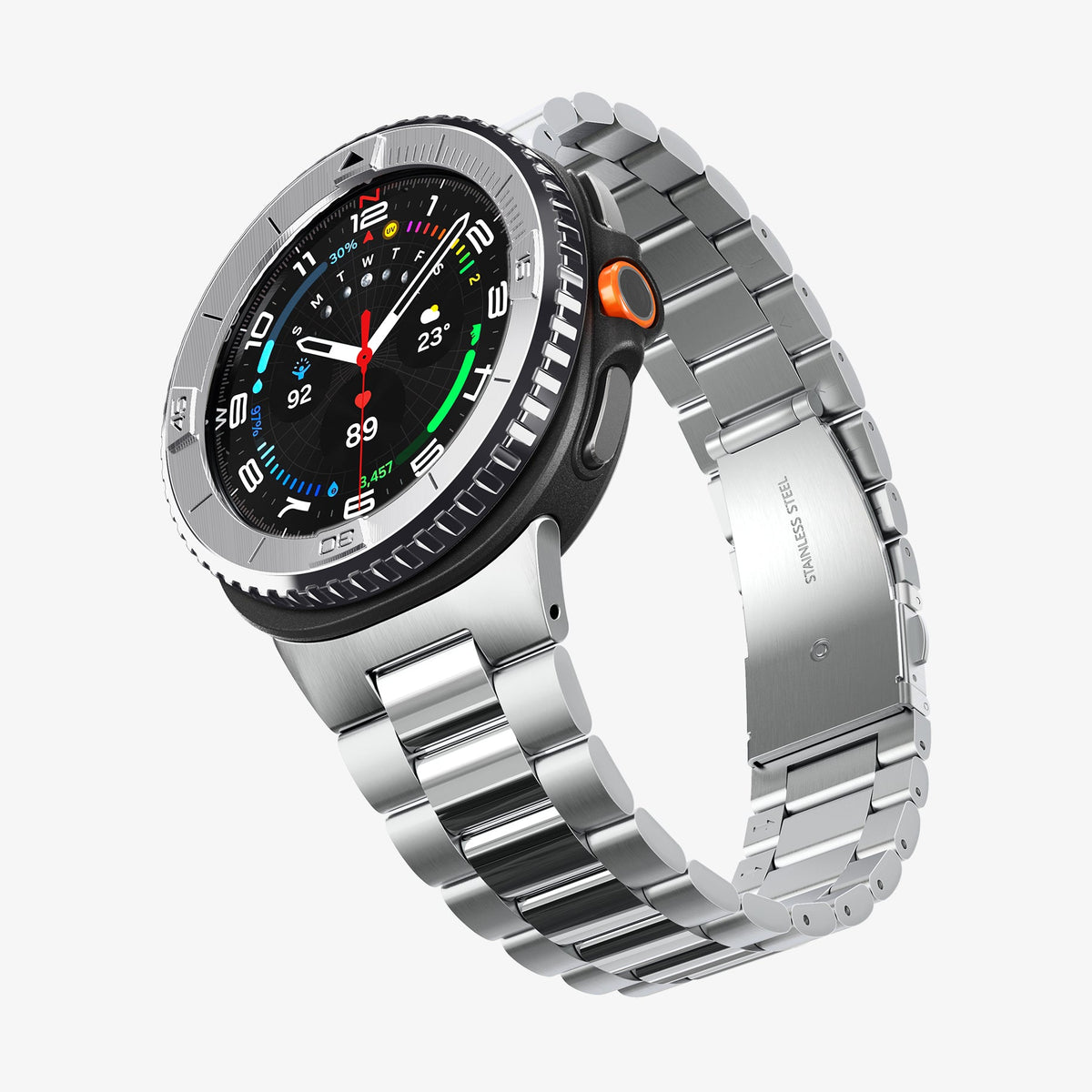 ACS10015 - Galaxy Watch 8 46mm Bezel Tune in sliver showing the front, side and bottom