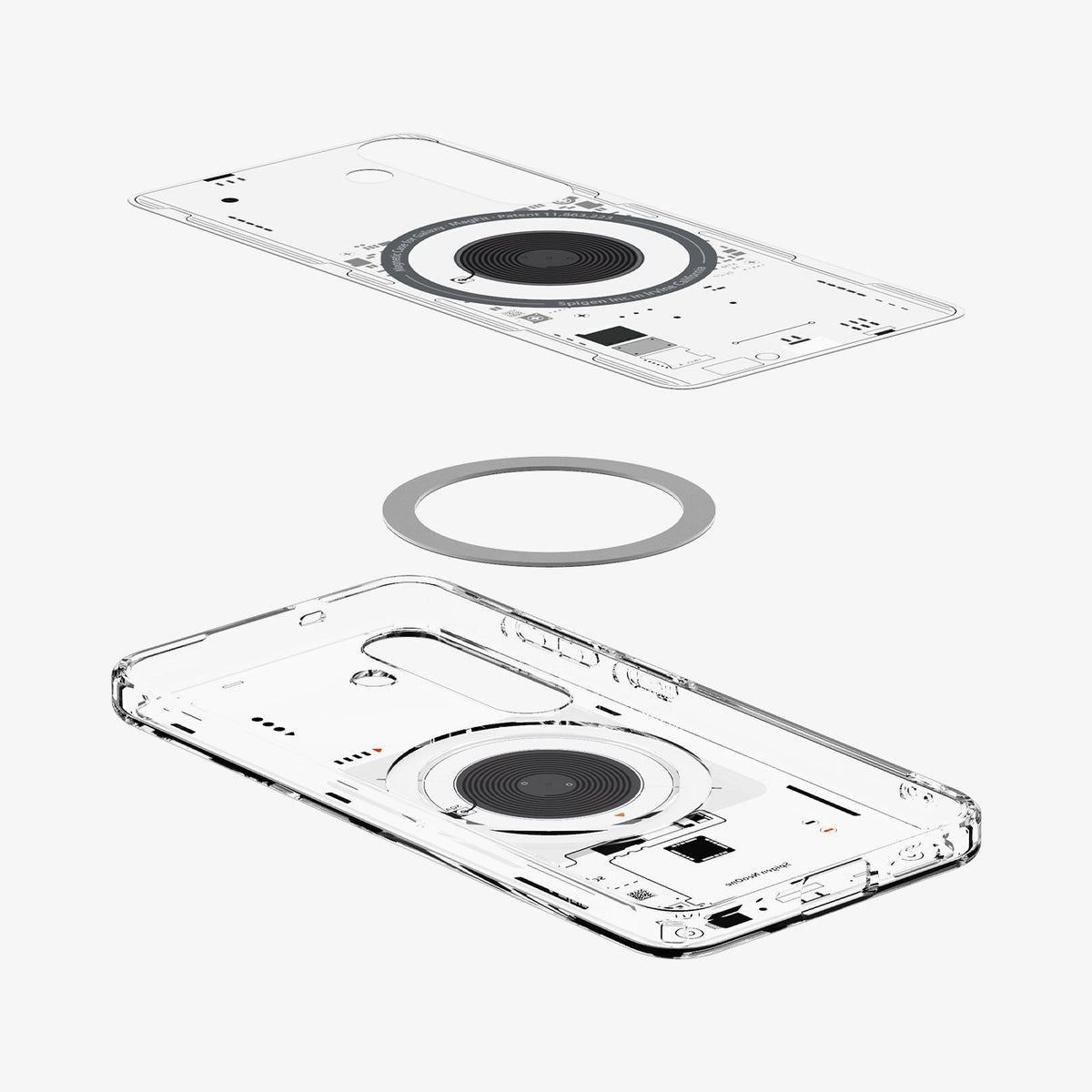 ACS09470 - Galaxy S25 Case Ultra Hybrid Metal Ring Neo One (MagFit) in Neo One showing the inner layer hovering above the detached magring and the case