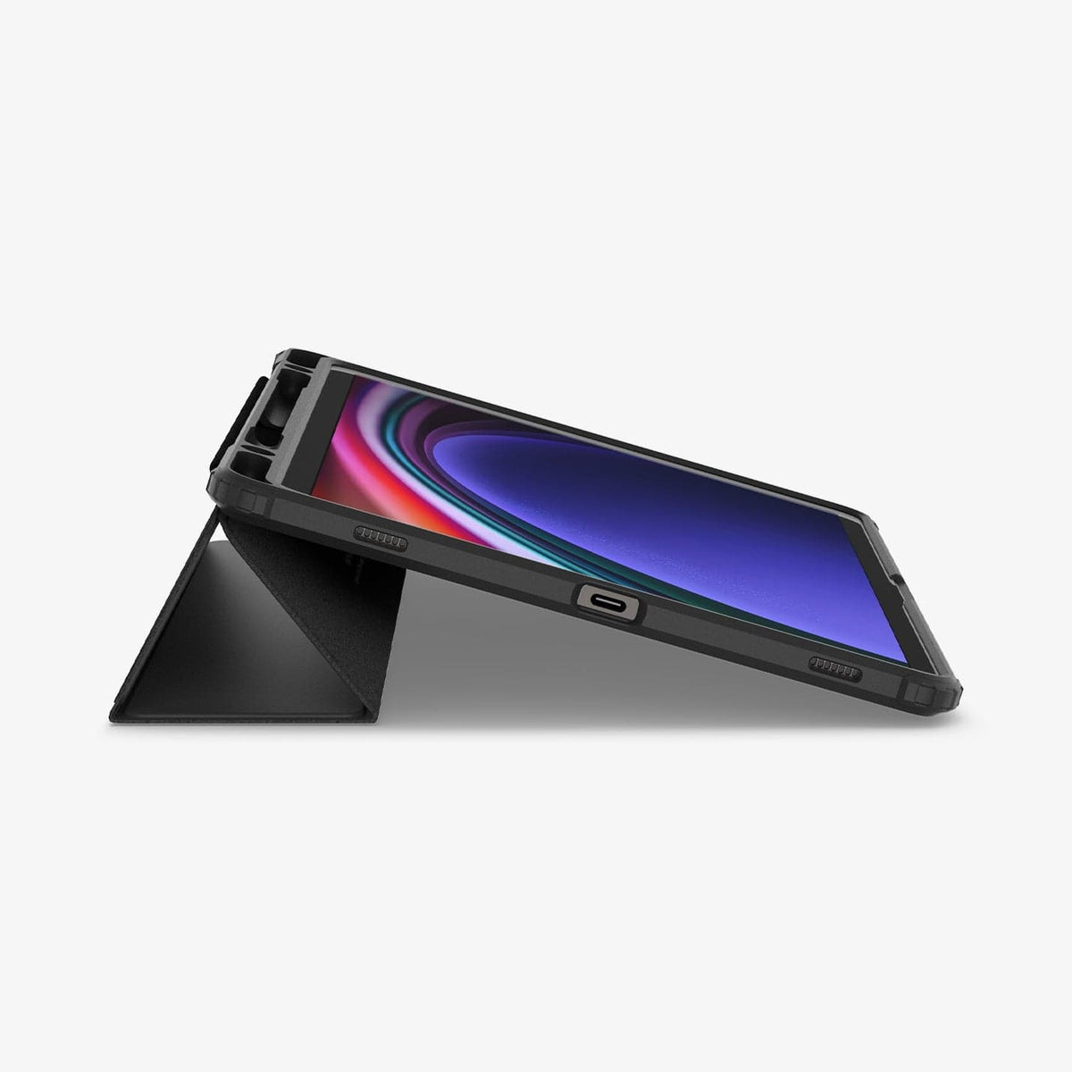 ACS07077 - Galaxy Tab S9 Case Ultra Hybrid Pro in black showing the front and bottom with device propped up by built in kickstand