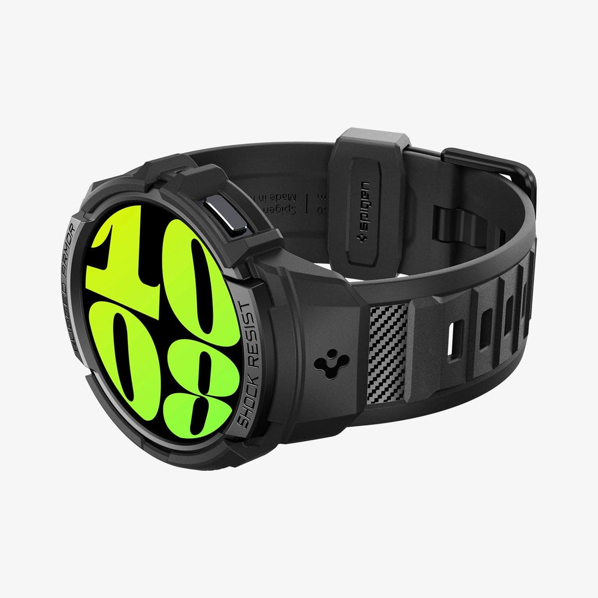 ACS06496 - Galaxy Watch 6 (44mm) Case Rugged Armor Pro in black showing the front and bottom with watch laid flat