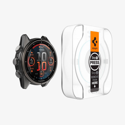 AGL09159 - Fenix 8 (43mm) Glas.tR EZ FIT in Clear showing the front, partial side of the alignment tray hovering in front of the watch face