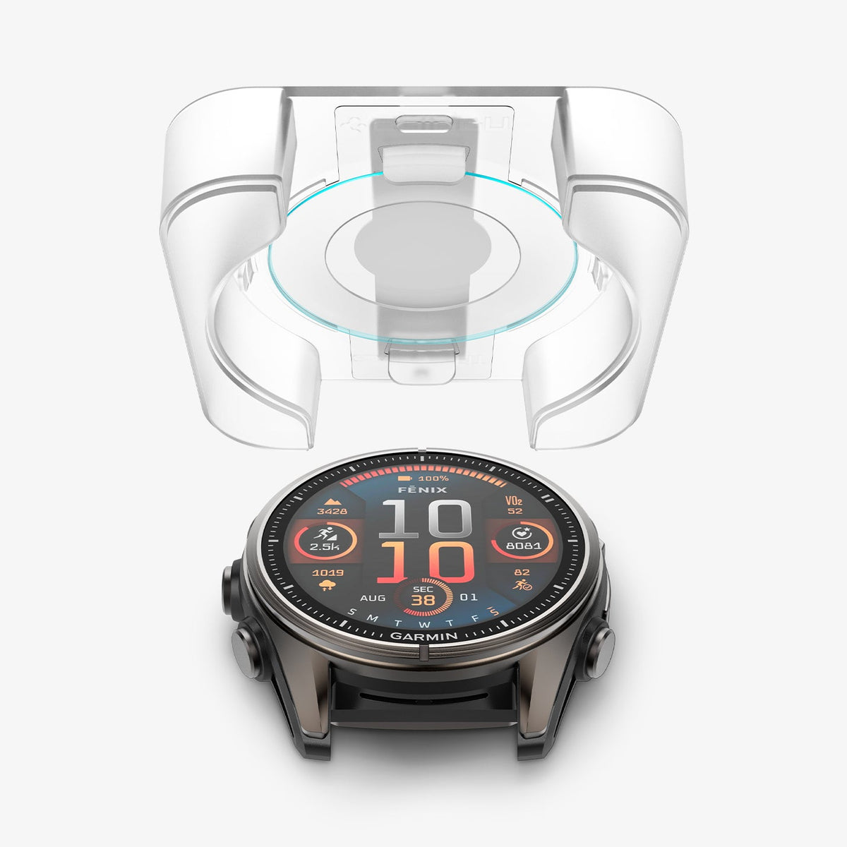 AGL09159 - Fenix 8 (43mm) Glas.tR EZ FIT in Clear showing the ez fit tray hovering above the watch face