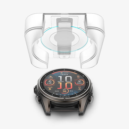 AGL09158 - Fenix 8 (47mm) Glas.tR EZ FIT in Clear showing the ez fit tray hovering above the watch face